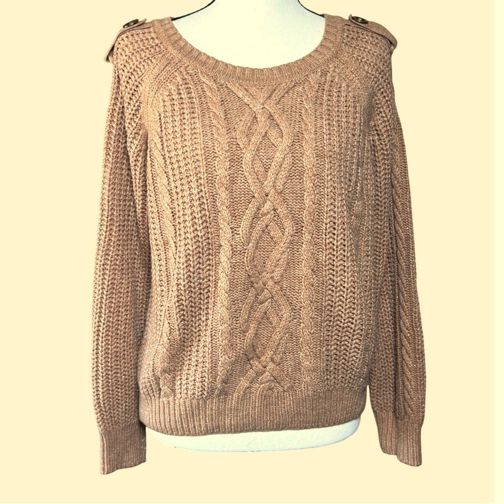Worthington Cable Knit Sweater Women L Brown Good Metallic Epaulette Pullover